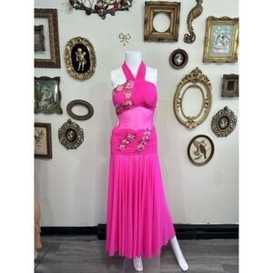 Irina Hot Pink Floral Applique Ballroom Dance Gown Built-in Bodysuit Small